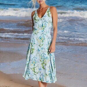 Adelyn Rae Floral A-Line Midi Dress Sleeveless Open Back Halter Ruffle V-Neck Sm